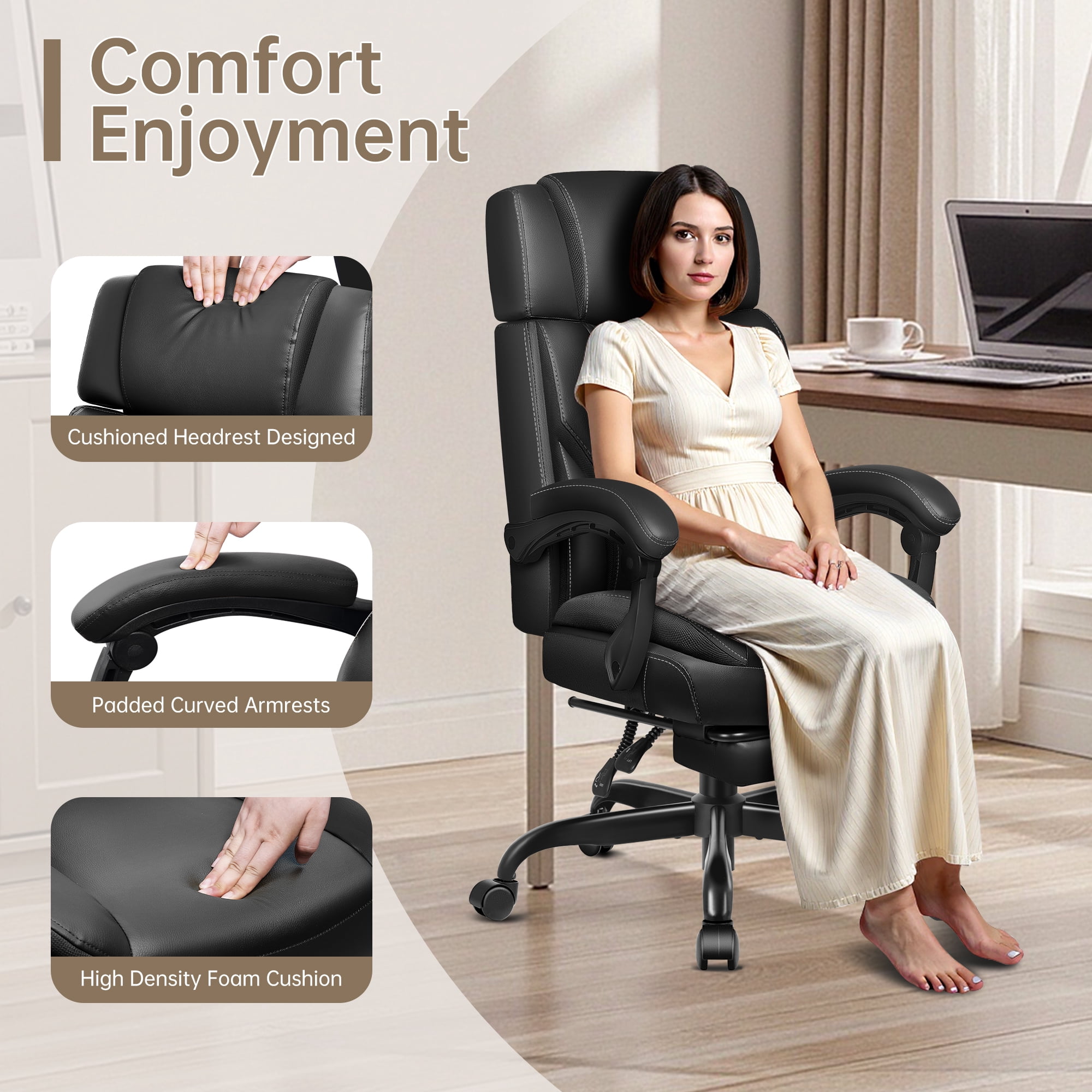 FASTES Big and Tall Ergonomic Office Chair with Footrest - Leather Computer Desk Chair, Reclining High Back Ergonomic Chair with Adjustable Headrest & Lumbar Support, Black