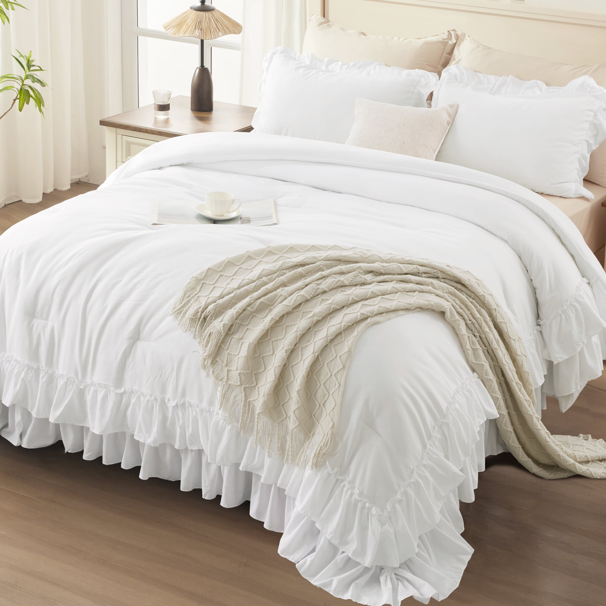 ANGENIA Full Size Comforter Set White - 3 Pieces Soft Cozy Fluffy Ruffle Bedding Comforter Sets, All Season Lightweight Farmhouse Down Alternative Bed Set for Girls Teens Boys Kids