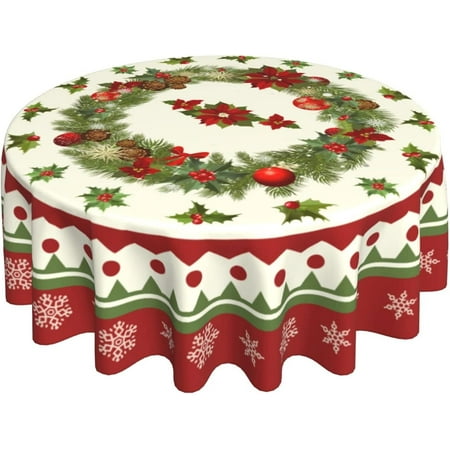 

Holly Leaves Wreath Round Tablecloth 60 inch Winter Decor Red Poinsettia Wreath Table Cloth Polyester Fabric Seasonal Table Covers for Christmas Day Party Potluck Outdoor Indoor Decorations
