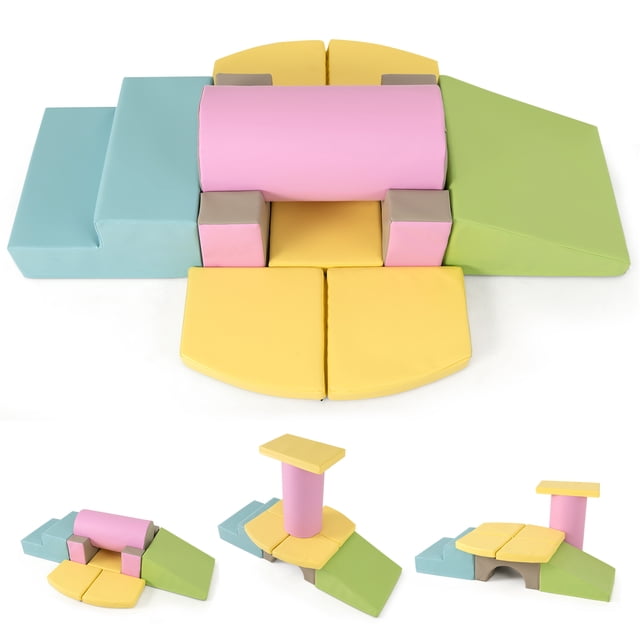 Gymax 10 Pieces Foam Climbing Blocks Set w/PU Leather Surface for Climbing & Sliding