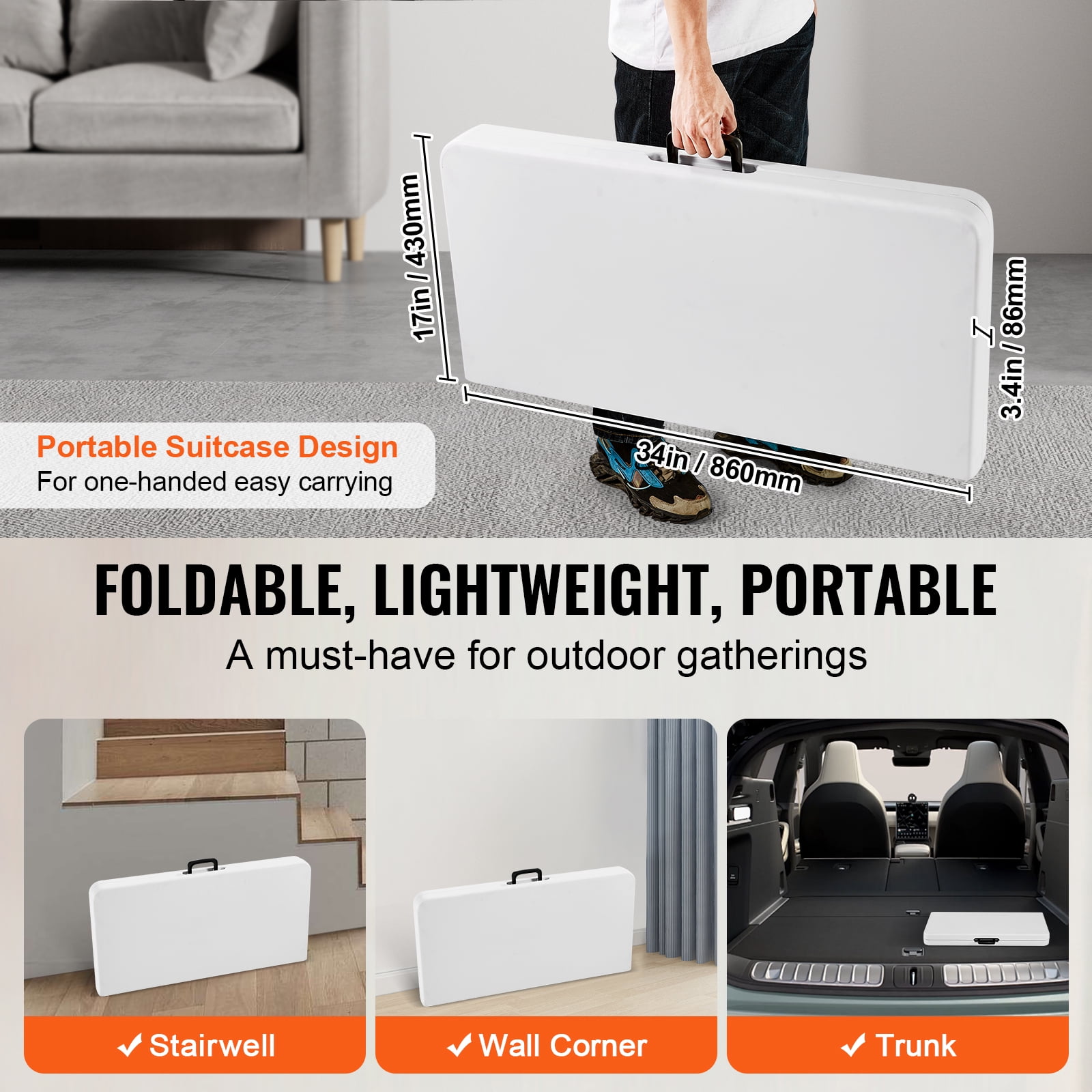 VEVOR Mahjong Table, Fold-in-Half 4 Player Card Table with Wear-Resistant White Tabletop, Portable Bi-Folding Square Domino Table with Carrying Handle for Outdoor Camping Picnic Party, 34 x 34-inch