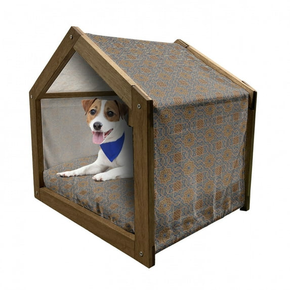Moroccan Pet House, Traditional Design Tile with Geometric Floral Motifs Curly Details, Outdoor & Indoor Portable Dog Kennel with Pillow and Cover, 5 Sizes, Blue Sepia Redwood, by Ambesonne