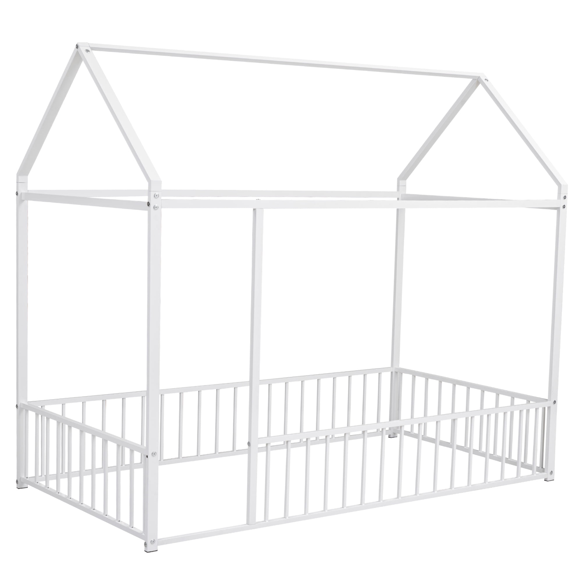 Gewnee Twin Size Metal House Bed frame with Fence,Montessori Floor Bed for Toddler and Kids,White
