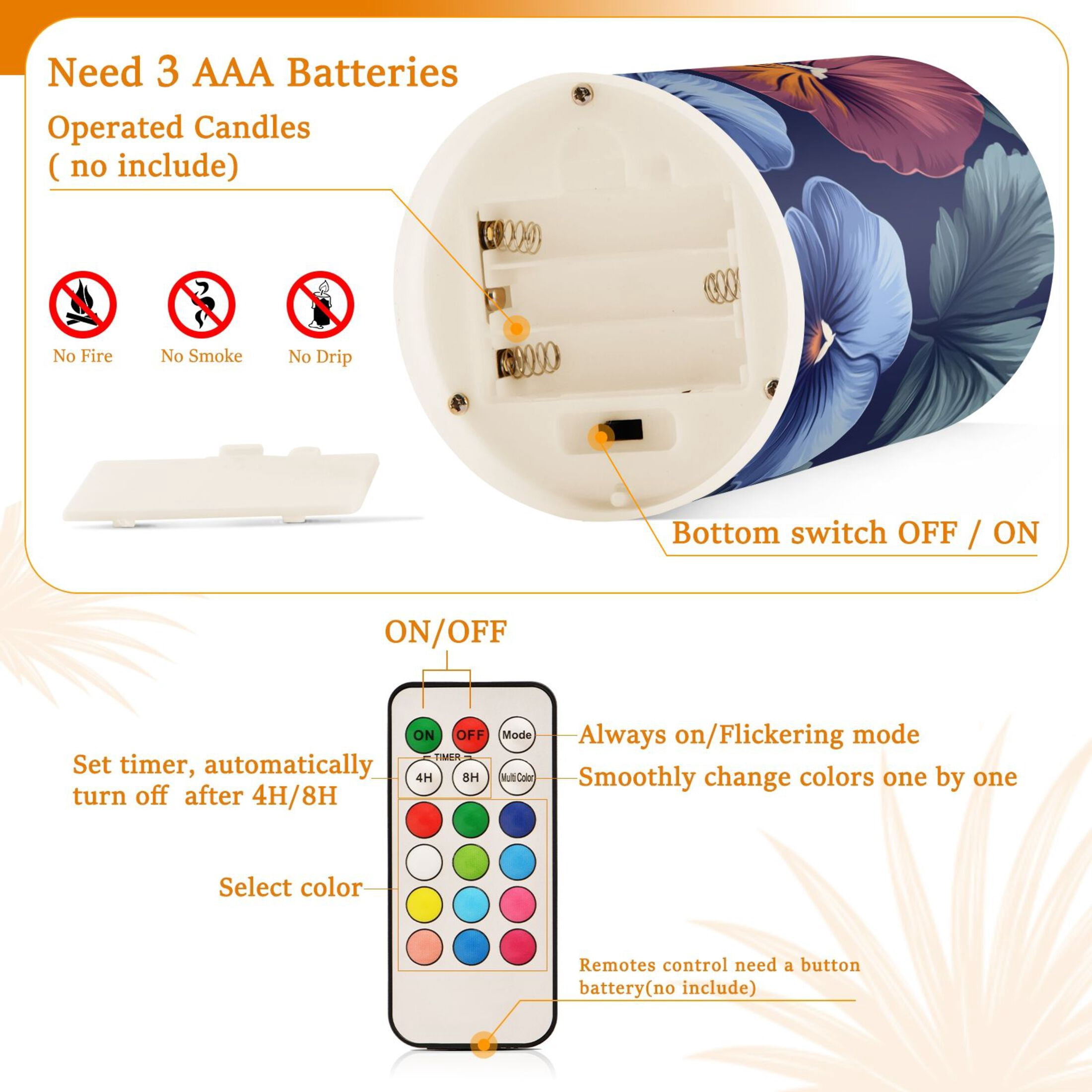 Simple Pansy Flickering Flameless Candles Battery Operated with Remote Timer LED Pillar Candles Set of 2