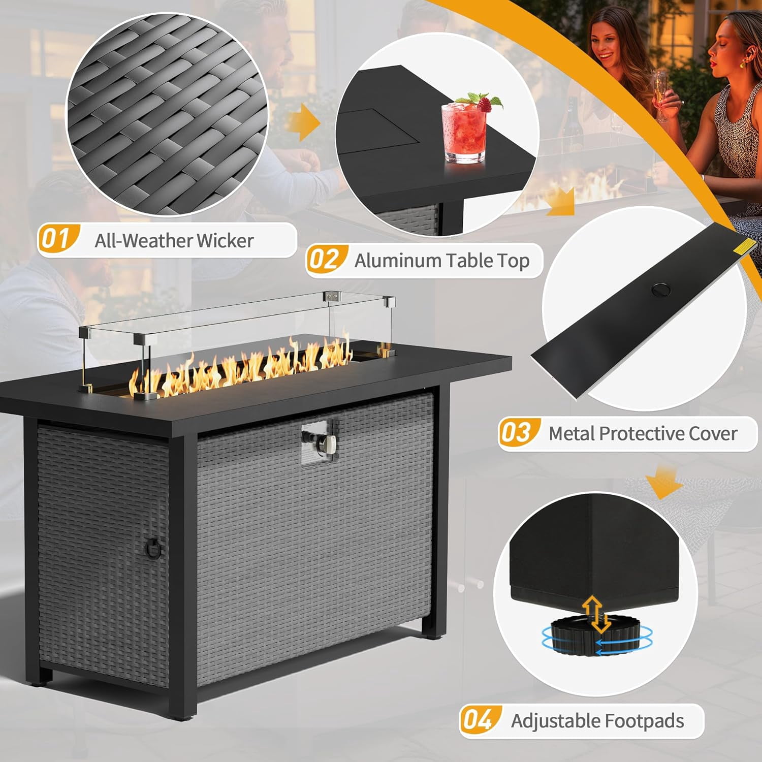 SUNCROWN Outdoor Fire Pit Table, 45in 50,000 BTU Wicker Patio Propane Gas Fire Pit with Glass Wind Guard, Aluminum Tabletop, Firepit Lid, Blue Clear Glass Rocks and Waterproof Cover, Grey