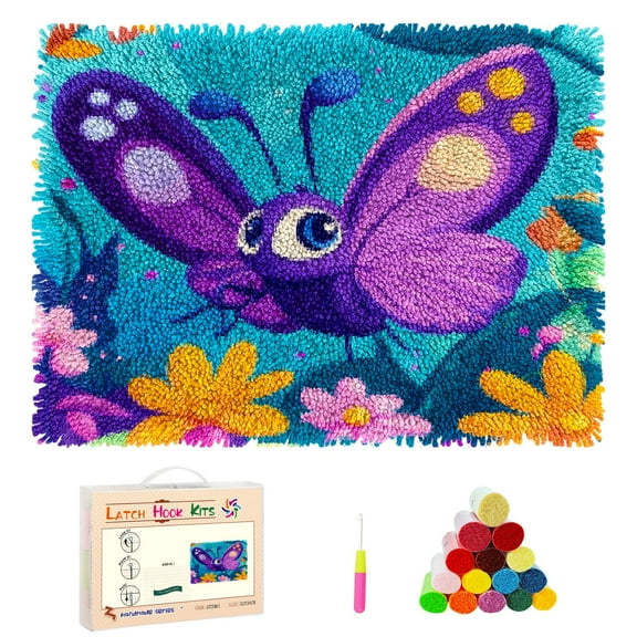 DIY Latch Hook Rug Kits Cartoon Butterfly and Flower Stamped Non-slip Mat Crocheting Yarn Hook and Latch Emboridery Tapestry for Home Floor Decor and Pet Warm Cushion 52x38cm(102)
