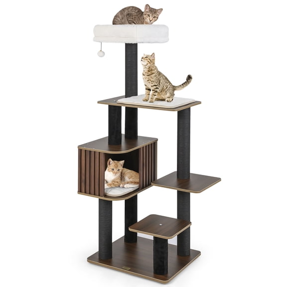 Gymax 59.5'' Tall Cat Tower w/Cushion Top Perch Detachable Mats Scratching Posts Brown