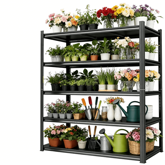 Black Metal Garage Shelving, 5 Tier Heavy Duty Shelving Unit, 3050 Lbs, Adjustable Storage Shelf Rack, Dual-Column Utility Steel Storage Shelves for Kitchen Pantry Basement Bathroom 40"W*16"D*63"H