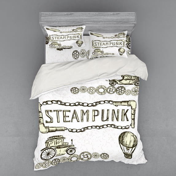 Ambesonne Vintage Bedding Set 4 Pcs, Sketch Old Car Balloon, Queen, Ivory Dark Olive Green