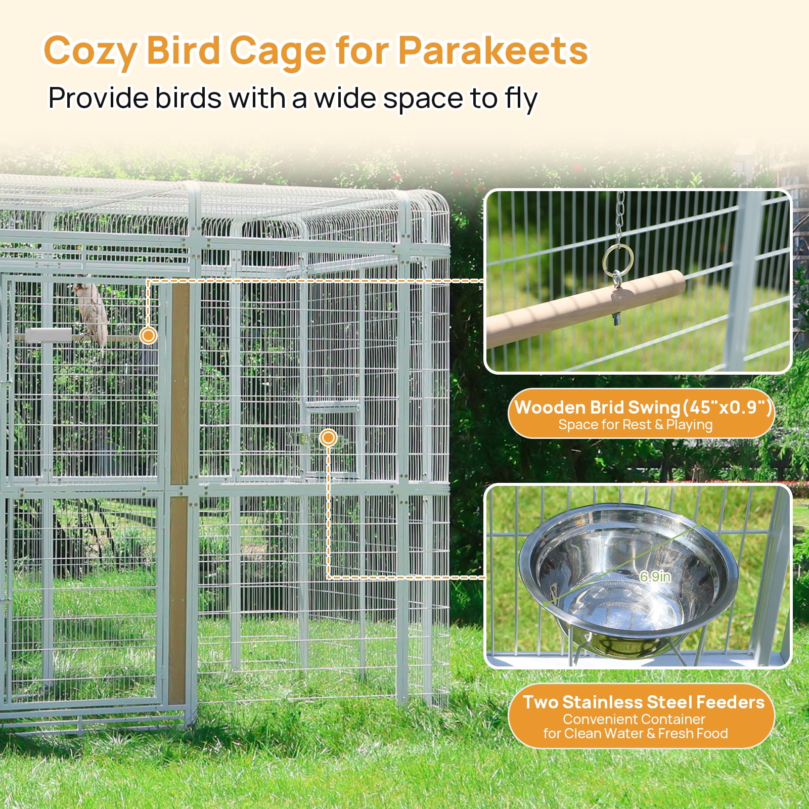 Walnest 87 inch Large Walk in Iron Aviary with 2 Feeding Bowls,Bird cage for Macaws Canaries Parrots Budgie Lovebirds(White)