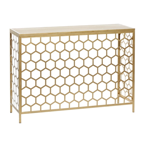 DecMode 42" x 30" Gold Metal Honeycomb Pattern Geometric Console Table with Brown Wood Top, 1-Piece
