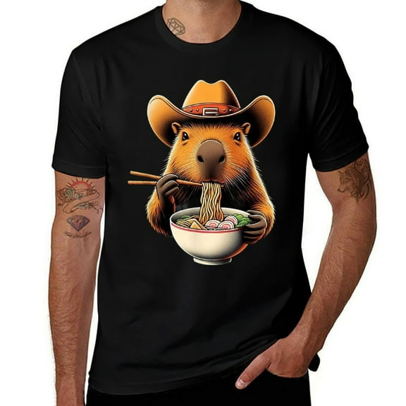 Cute Capybara Ramen Graphic Mens T Shirts Cotton Short Sleeve T-Shirt Crew Neck Tees Casual Shirt