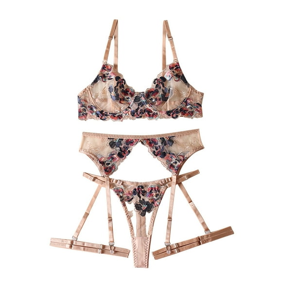TJAZFJPA Womens Lingeries Plus Size Women Lingerie Sets Garter Lingerie G String Underwire Embroidered Sexy Lingerie Ruffle 3 Piece Lace Lingerie Set Sexy Lingerie Bra and Panties Set