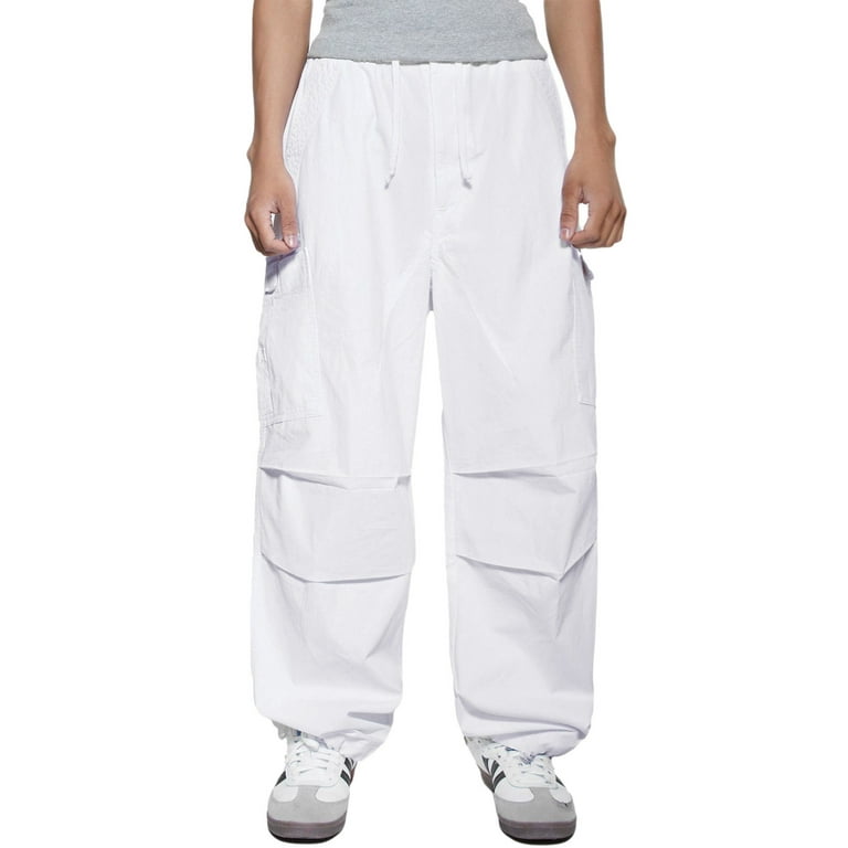 xinqinghao lounge pants men fashion sports casual pants elastic waist  adjustable multiple pockets straight leg loose pants cargo pants white s