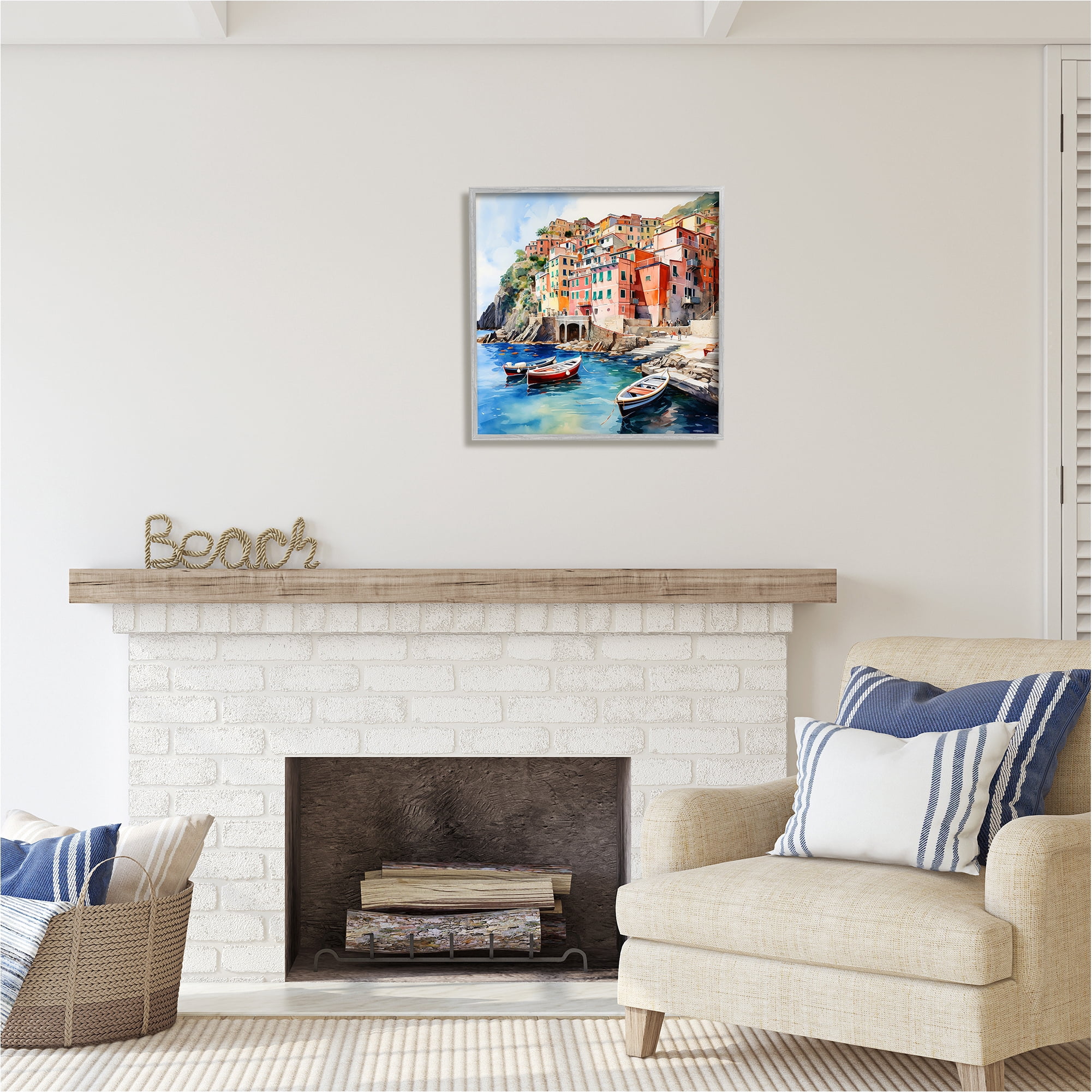 Stupell Industries Cinque Terre Boats Travel & Places Painting Gray Framed Art Print Wall Art, 24 x 24