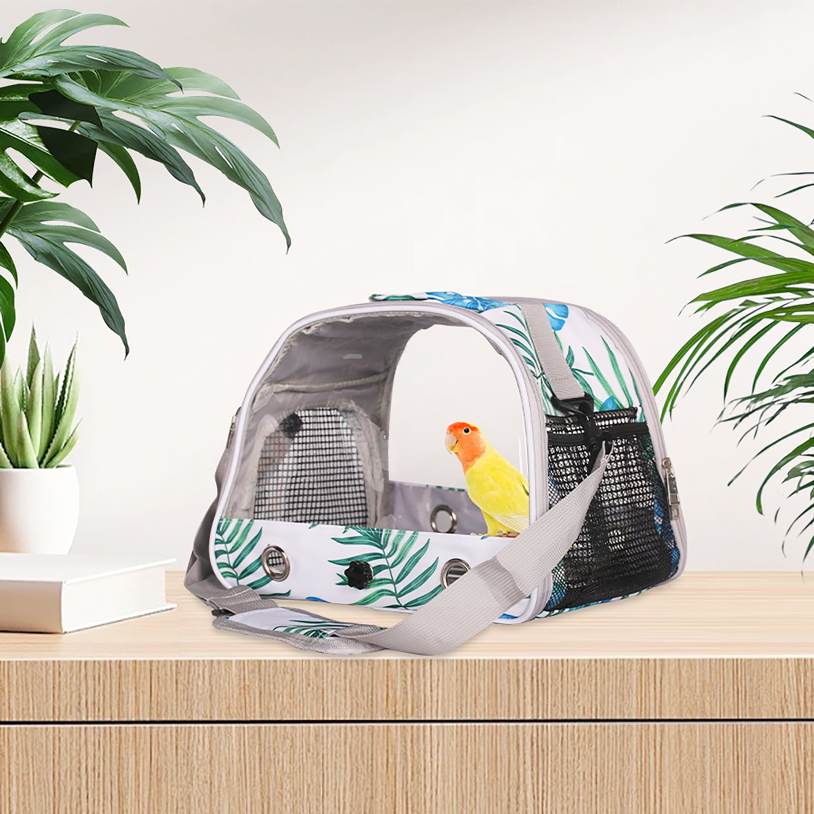 Portable Transparent Bird Carrier Bag with Wood Perch & Stainless Steel Tray, Adjustable Strap Breathable Parrot Travel Cage for Cockatiel, Lovebird, Parakeet Outdoor Travel