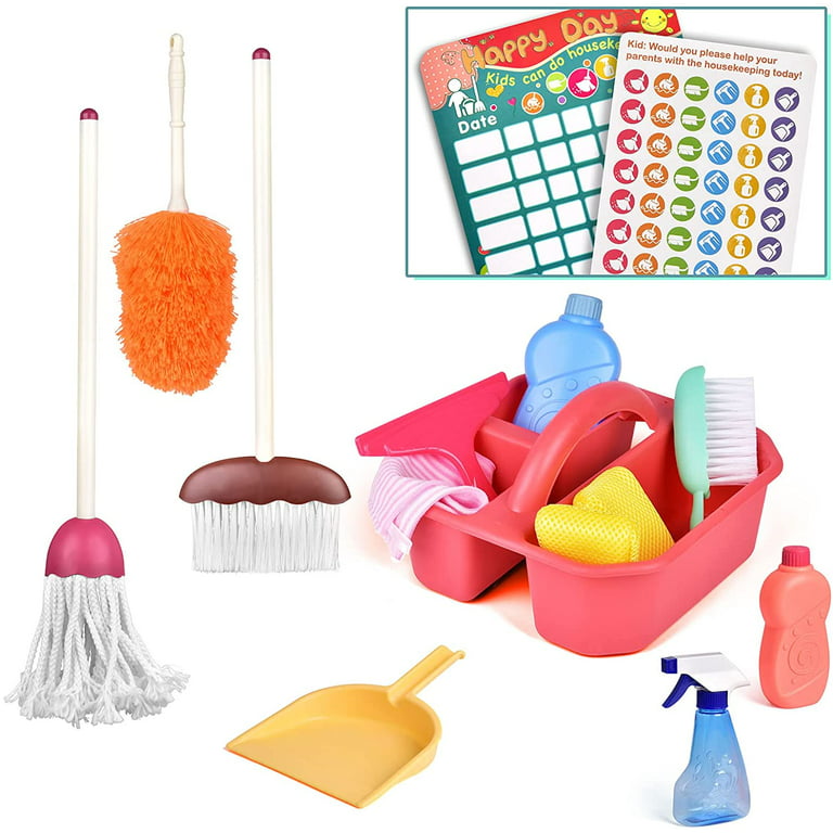 Fun Little Toys 13 Pcs Cleaning Kit,Kids Cleaning Set,Pretend Play House  Cleaning Set,Play Cleaning Toy Set Includes Broom,Mop,Brush for