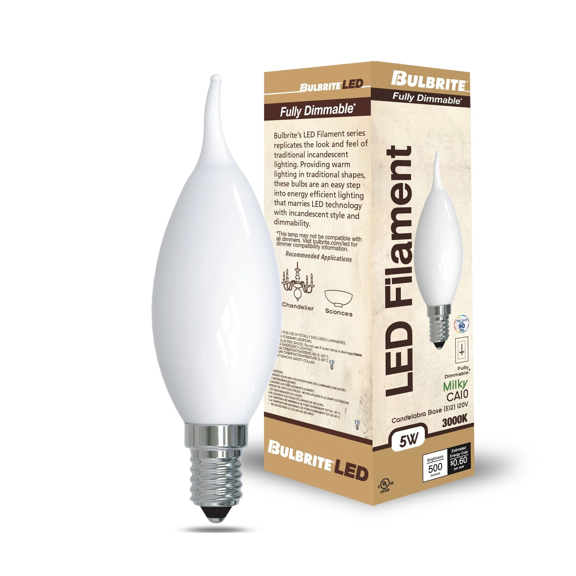 Bulbrite Pack of (4) 4.5 Watt Dimmable Milky Filament CA10 Candelabra (E12) LED Light Bulb - 400 Lumens, 3000K