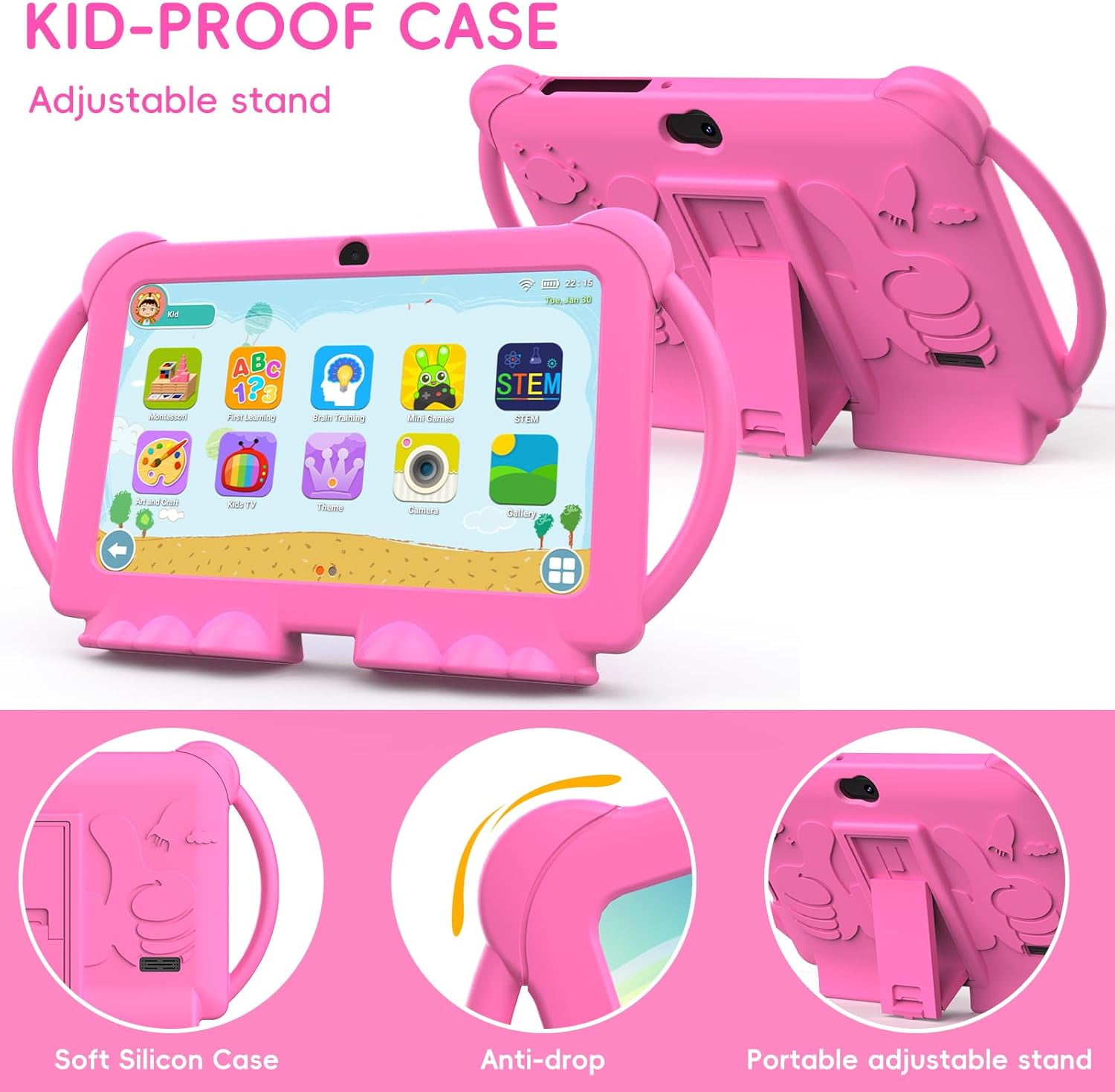 2024 Kids Tablet, 7 inch Android 12 Tablet for Kids, 4GB+32GB ROM+1TB Expand Quad-Core Toddler Tablet with Shockproof Case, BT, WiFi, Parental Control, 2MP+5MP Dual Camera, Games