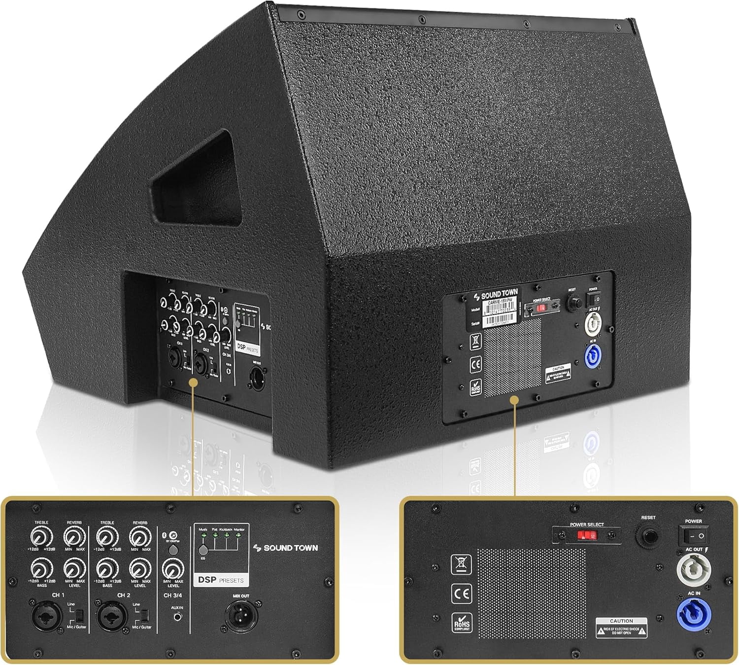 Sound Town CARME Series 15" Multipurpose Powered Loudspeaker, with Coaxial Compression Driver, Class D amp., DSP, Birch Plywood for Live Sound, Karaoke, Bar, Church, Black (CARME-15MPW)