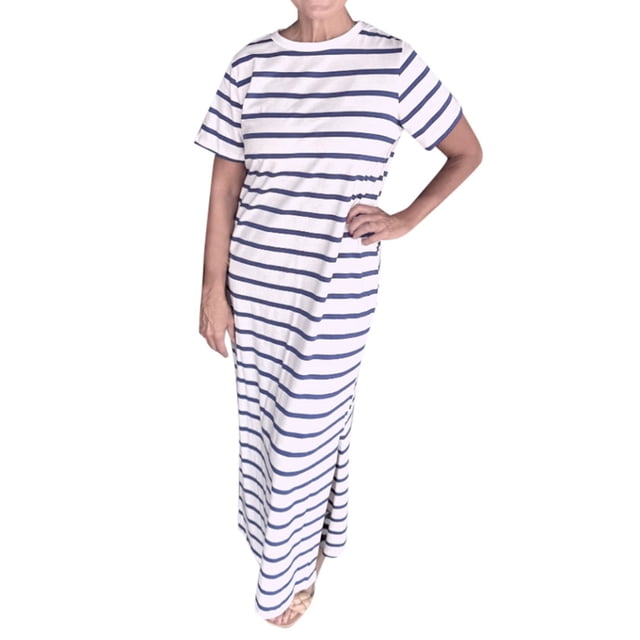 TSADFHJI Jupes pour Femmes Courte Longueur Décontractée Motif Rayé Poche Latérale Robe T-Shirt Décontractée pour Femmes Manches Courtes avec Ourlet Fendu Col Rond Robe de Mode TTG Bleu
