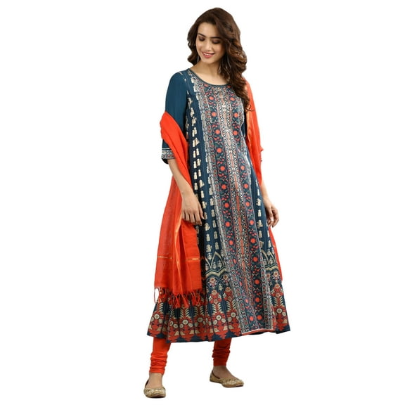Round Neck Printed Kurta - Reflecting Pond-Medium