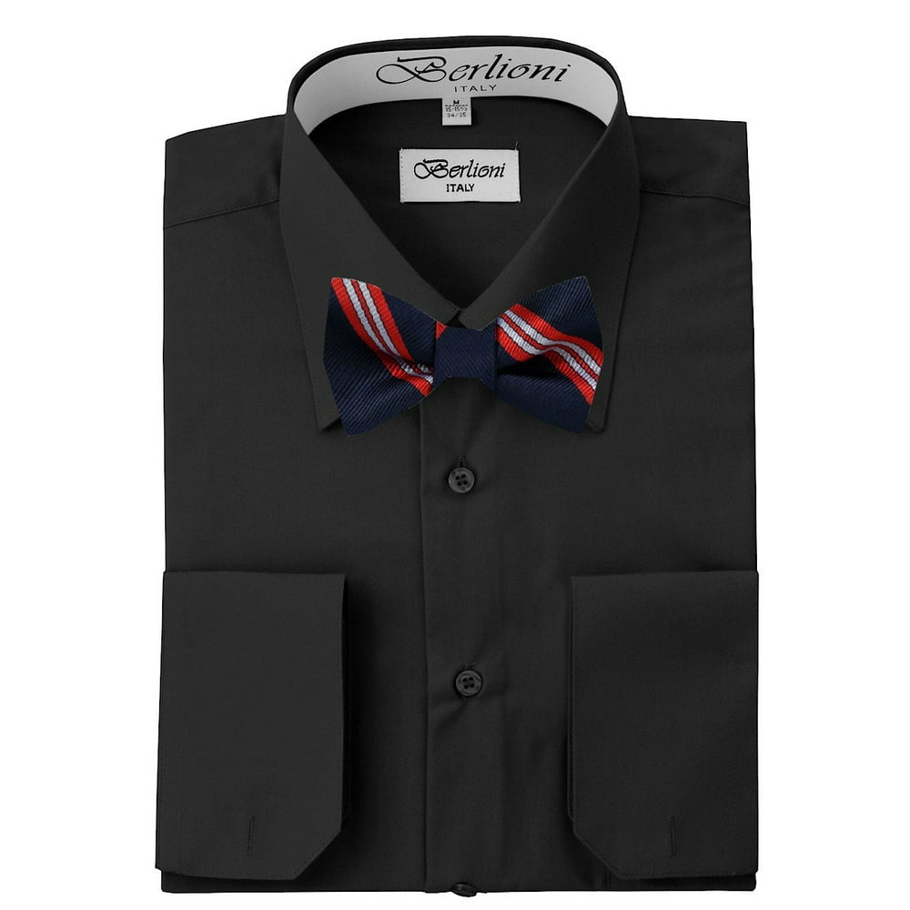 Berlioni - Men's Black Solid Dress Shirt and Self Tie Bow Tie - Walmart