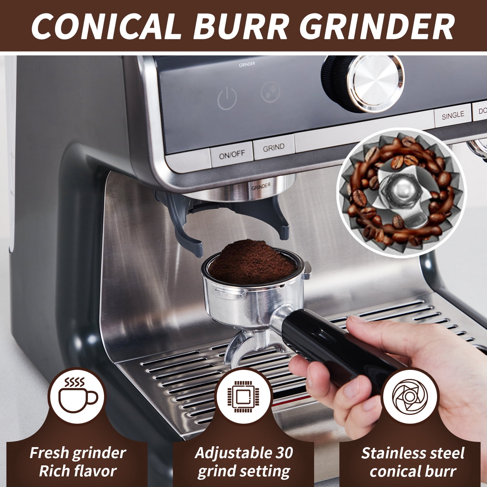 Espresso Machine with Grinder, Milk Frother Wand, 1450W, 20 Bar Professional Espresso Maker with Barista Kit, 2.8L Water Tank for Cappuccinos or Macchiatos