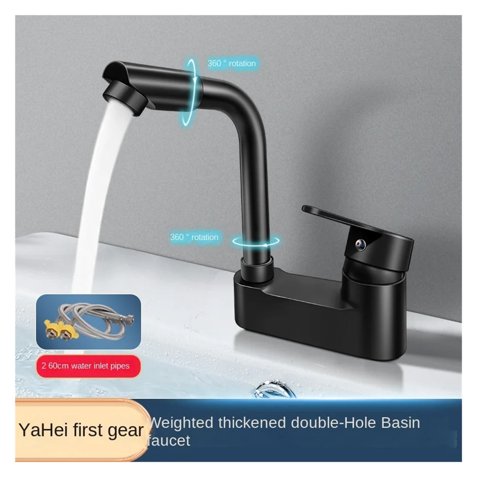 Black Hot And Cold Faucet, In Bathroom Zinc Alloy Sink Bathtub, Mixing Valve Wash Basin Double Hole Mixing Valve Faucet ,Leakproof Design