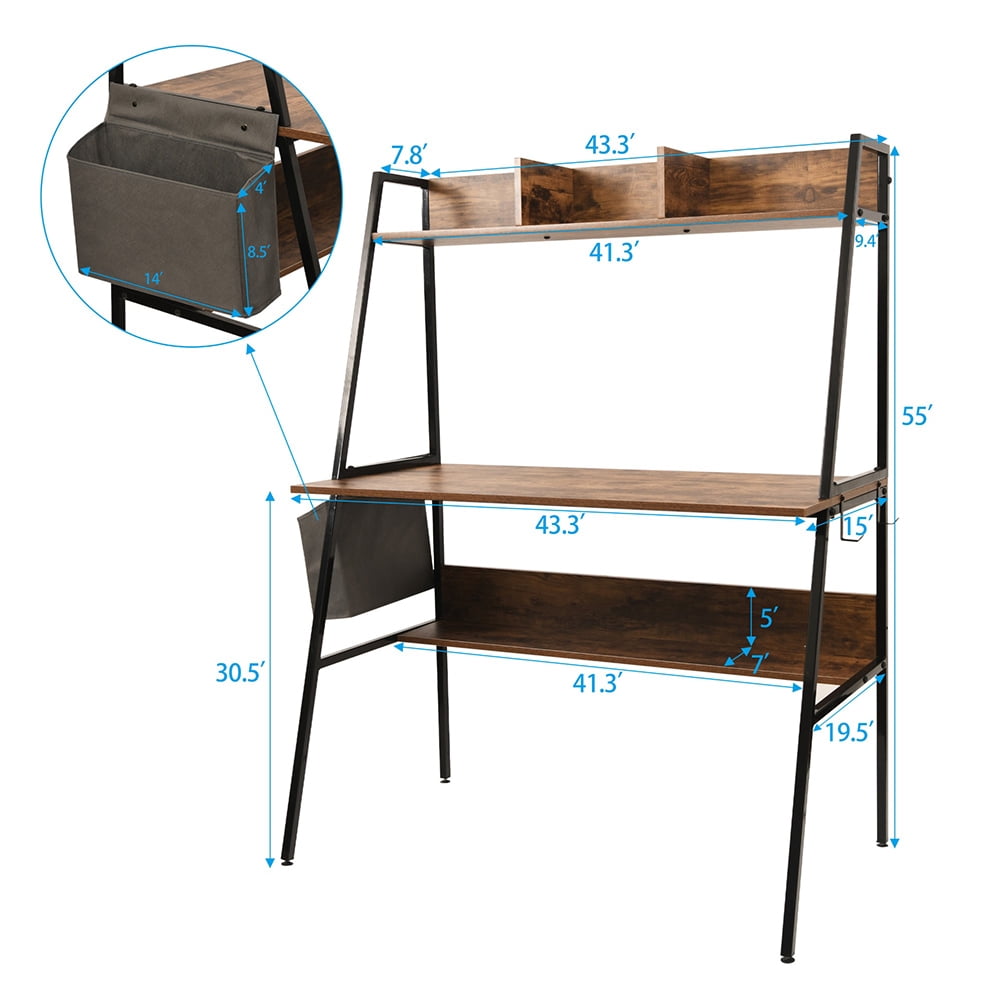 Kepooman Multi-Layer Computer Desk with Storage Rack, Studying Writing Table for Home Office, Vintage Burnt Wood Grain Kepooman Multi-Layer Computer Desk with Storage Rack, Studying Writing Table for Home Office, Vintage Burnt Wood Grain