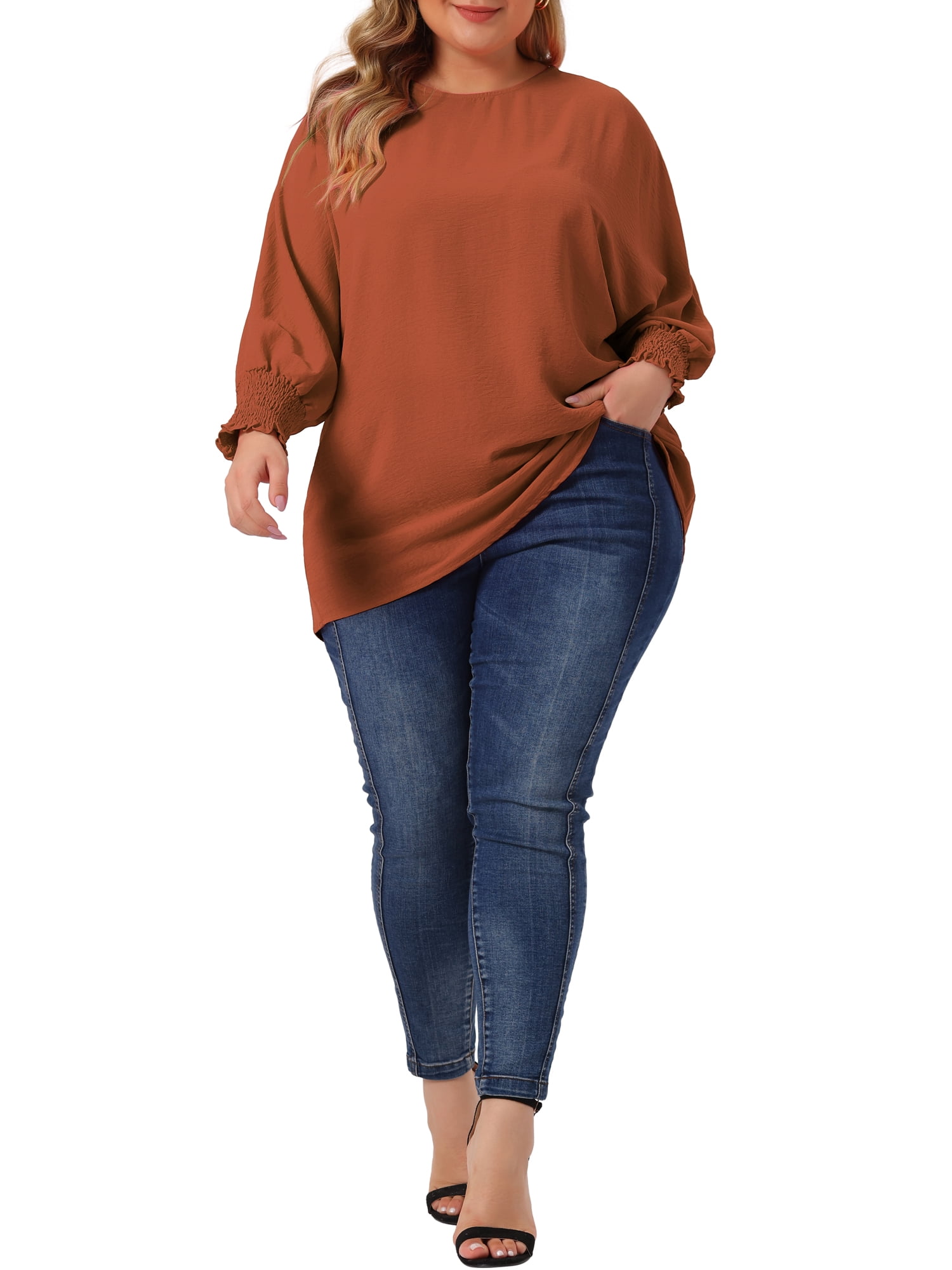 Unique Bargains Women's Plus Size Chiffon Tops Batwing Ruffle Long Sleeve Loose Blouses 3X Caramel