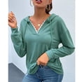 thumbnail image 2 of Sudadera informal lisa de manga larga para días de trabajo, talla S, sudadera con cuello en V verde grisáceo con detalle de encaje, 2 of 6
