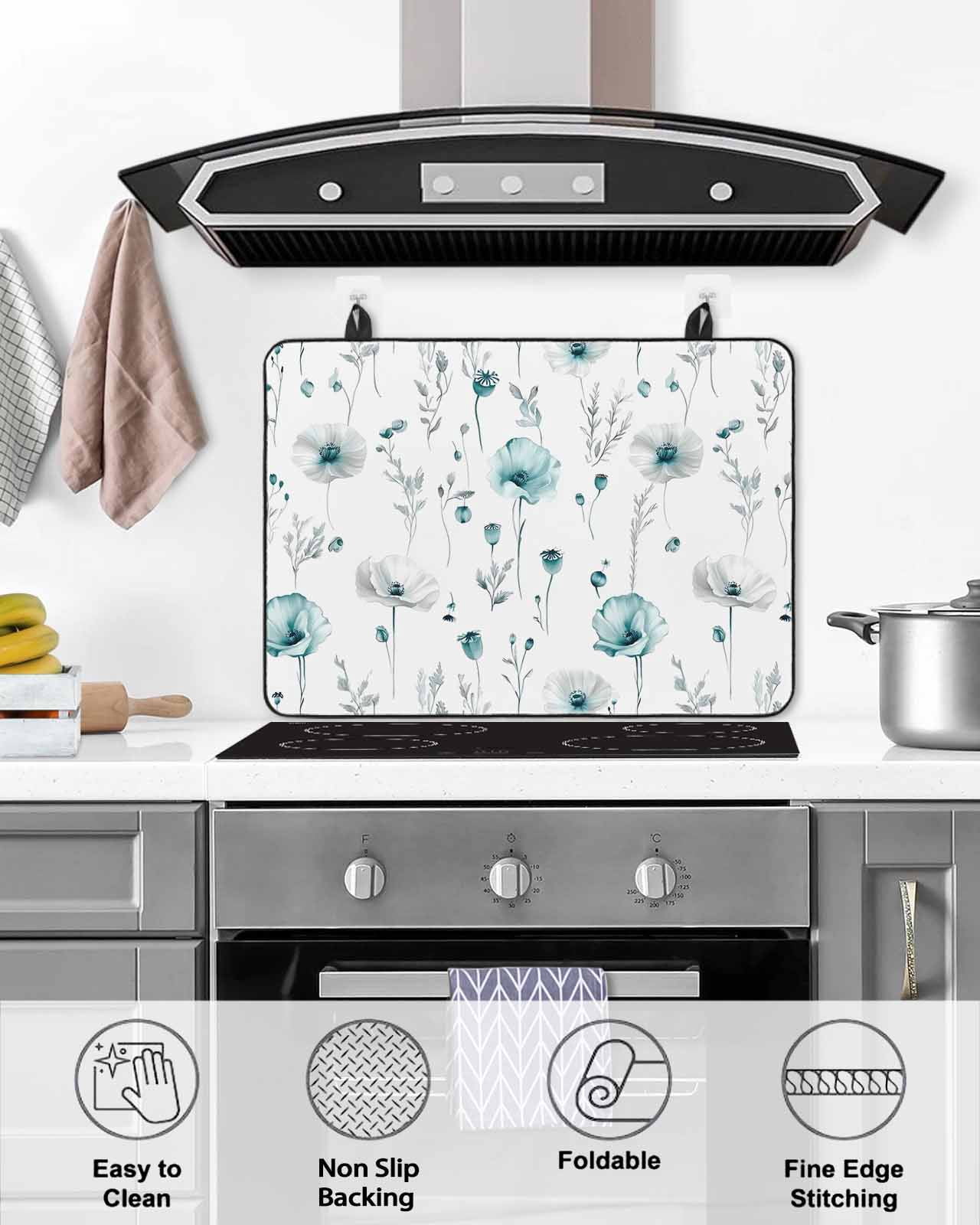 nqOlkjepod Large Induction Cooktop Protector Mat 36"x21", Turquoise Flowers Stove Top Covers for Electric Stove, Farmhouse Spring Botanical Floral Stove Burner Cover Mats, Glass Top Stove Cover