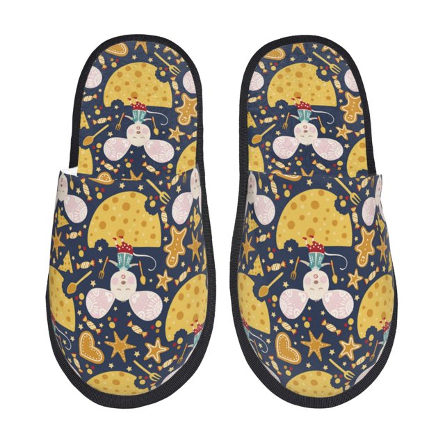 Balery Mouse Cheese Pantuflas de Casa de Felpa Silenciosas con Diseño Estampado, Zapatillas Cómodas Antideslizantes de Algodón para Interior-Medium