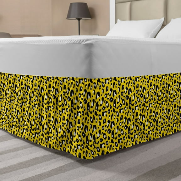 Animal Print Bed Skirt, Continuous Design of Leopard Skin Wildlife Pattern, Elastic Bedskirt Dust Ruffle Wrap Around for Bedding Decor, 4 Sizes, Yellow Charcoal Grey, by Ambesonne
