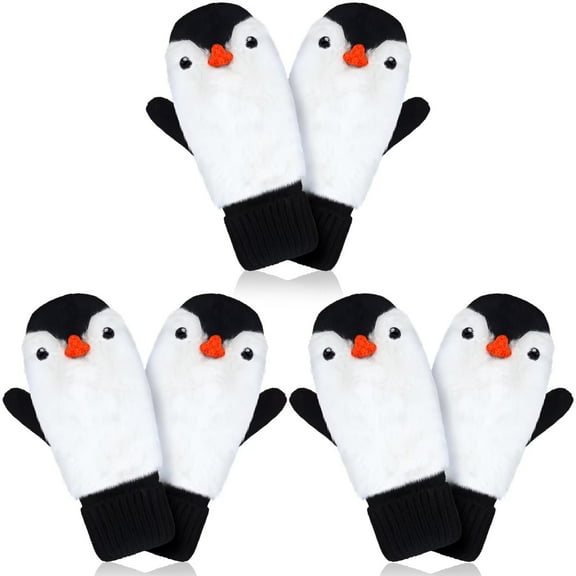 3 Pairs Christmas Penguin Mitten Gloves, Winter Soft Cozy Faux Fur Mittens Warm Lining Gloves Gifts.