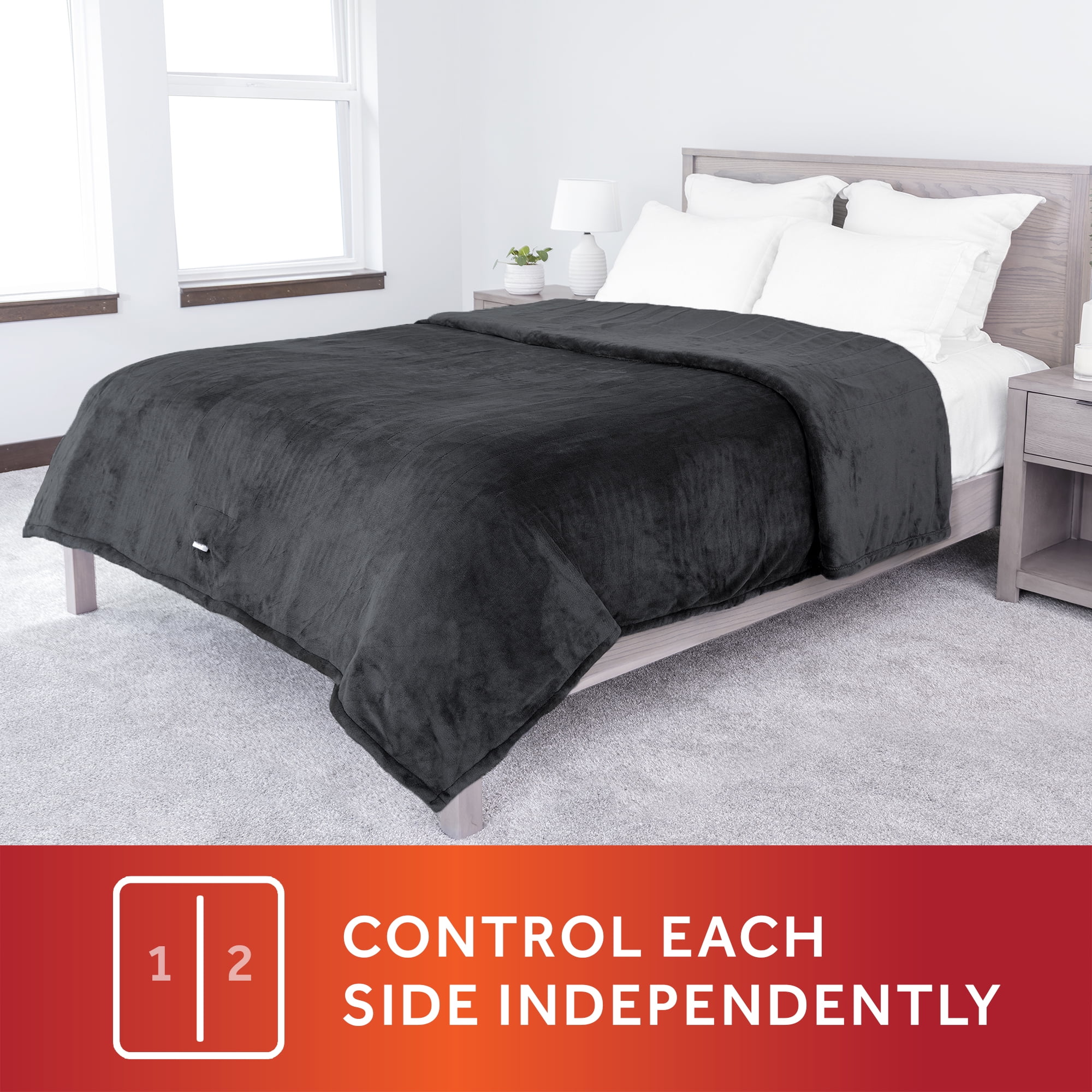 Sunbeam Slate Grey Velvet Plush Electric Heated Blanket Queen Size, 90" x 84", 10 Heat Settings, Fast Heating, Heating Blankets with Controller, Auto-Shut Off, Machine Washable