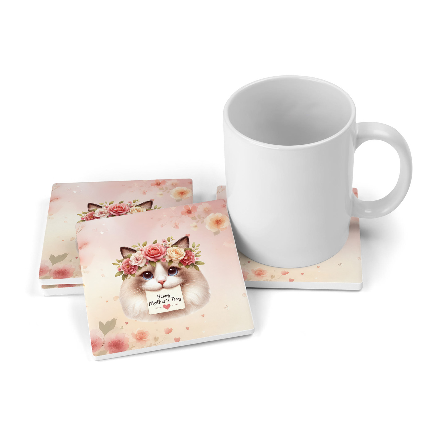 Happy Mother's Day Ragdoll with Flower Crown and Greeting Card Set of 4 Stone Coasters Cat Lover Kitten Owner Gifts Idea 4x4in Absorbent Soapstone Coaster - 13004