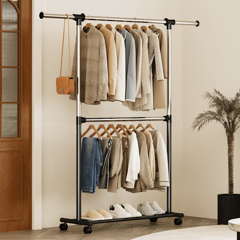 2 Tier Retractable Drying Rack Steel Double Rod Adjustable Rolling Clothes Rack