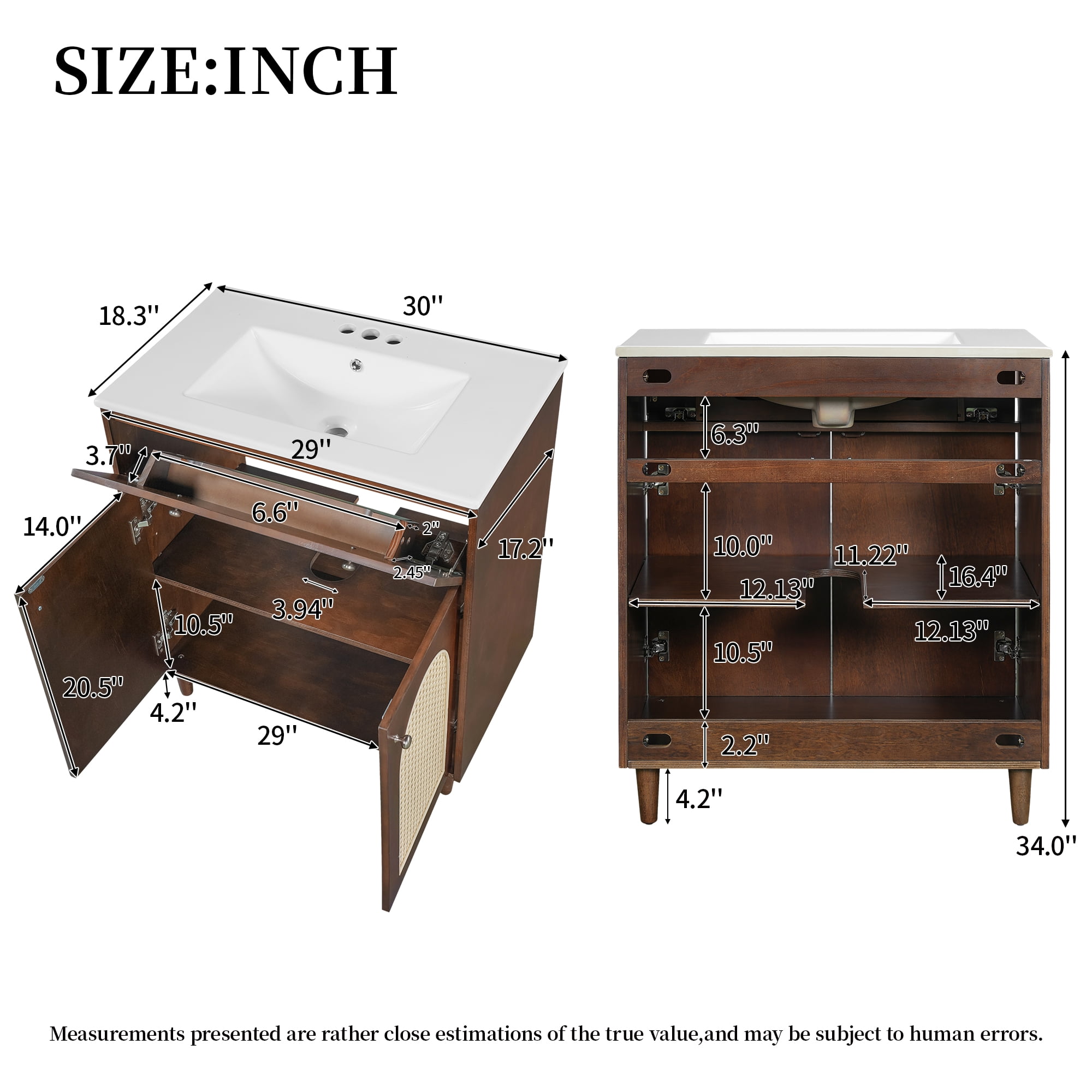 Harper & Bright Designs 30" Rattan Bathroom Vanity with Sink, Single Sink Bathroom Vanity with Tip-Out Drawe and Adjustable Shelf, Freestanding Bathroom Storage Cabinet with Ceramic Basin, Walnut