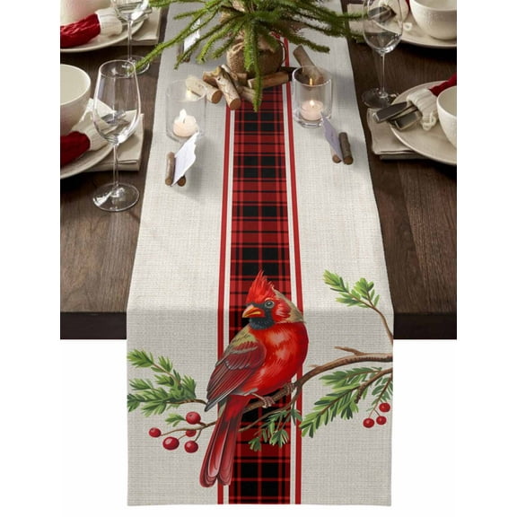 Christmas Table Runner Cardinal Bird Table Runners Berry Pine Branch Red Buffalo Plaid Stripe Cotton Linen Dresser Scarf Kitchen Dining Table Decor for Christmas Holiday Party Decor 13x36 Inch