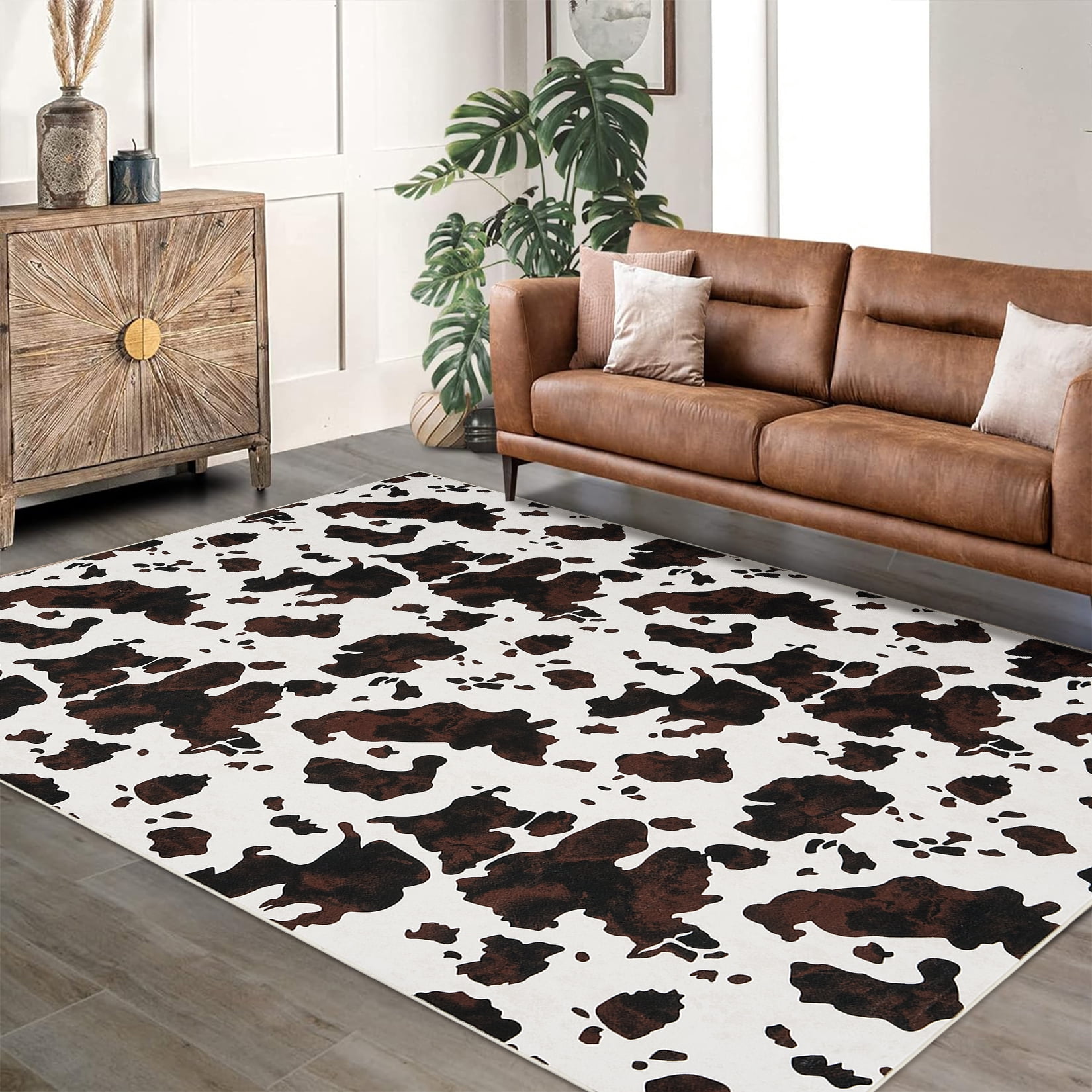 Tzou Cow Print Area Rugs 10' x 13' – Modern Washable Low Pile Throw Rug with Non-Slip Backing, Stain-Resistant Soft Floor Carpet for Living Room, Bedroom, Kitchen (Machine Washable)