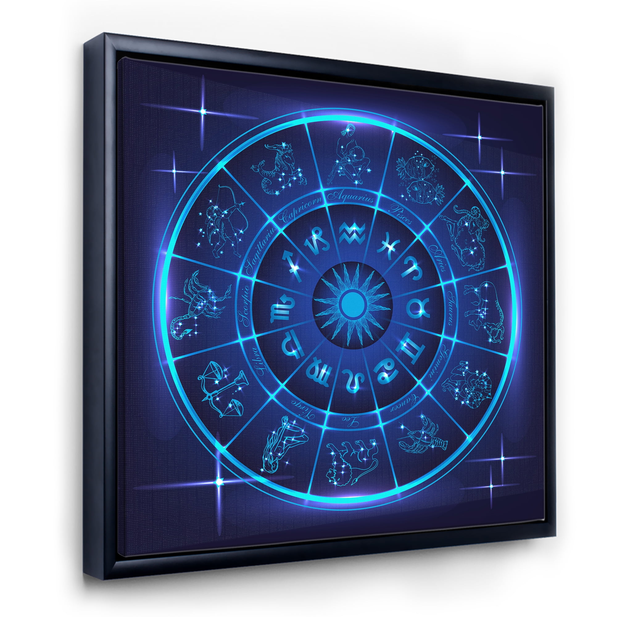 Designart 'Zodiac Signs With Neon Deep Blue Horoscope Circle' Modern Framed Canvas Wall Art Print