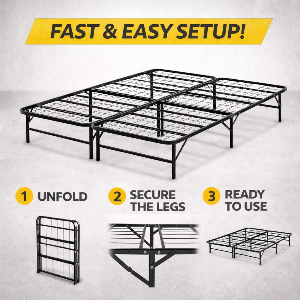 Continental Sleep, 14-Inch Foldable Metal Platform Bed Frame with Tool Free Setup, Sturdy Steel, No Box Spring Needed, Queen, Black