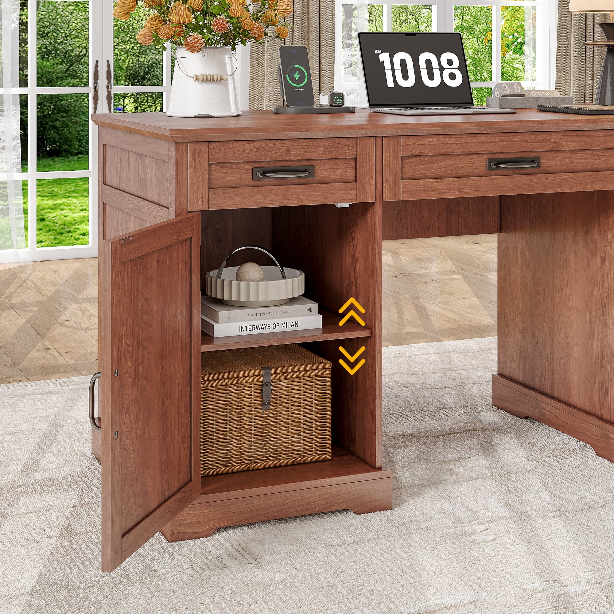 Executive Desk, 55'' Farmhouse Desk for Home Office with File Drawer and Power Outlets, Cherry Brown