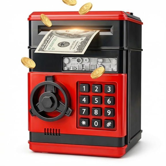 Electronic Piggy Bank for Kids,  ATM Money Bank with Password, Automatic Bill Slot & Coin Slot, Large Capacity Money Saving Box for Boys and Girls Ages 3-12,Black & Red