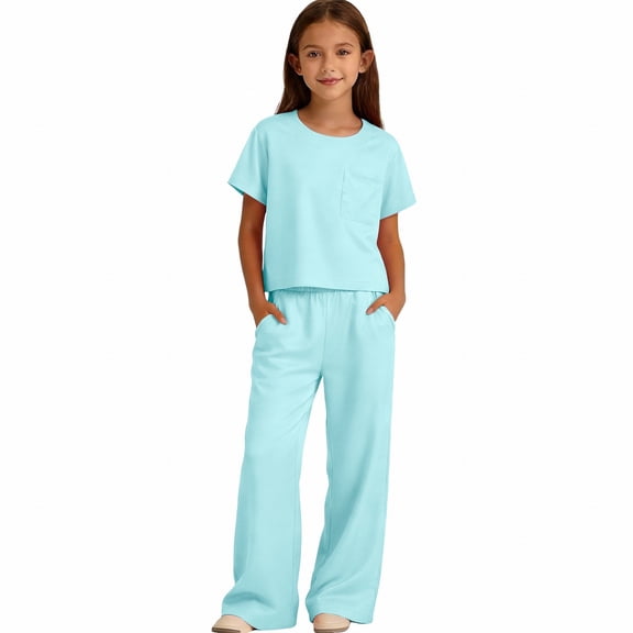 Ruyang 2 Piece Outfits for Girls Short Sleeve Round Neck Tee Tops and Palazzo Pants Sets Summer Solid Fashion Outdoor Casual Clothes