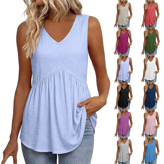 Endives Tank Tops For Women Linen Top V Neck Pleated Sleeveless Tops Summer Casual Shirts Pullover Tops Light Ashy