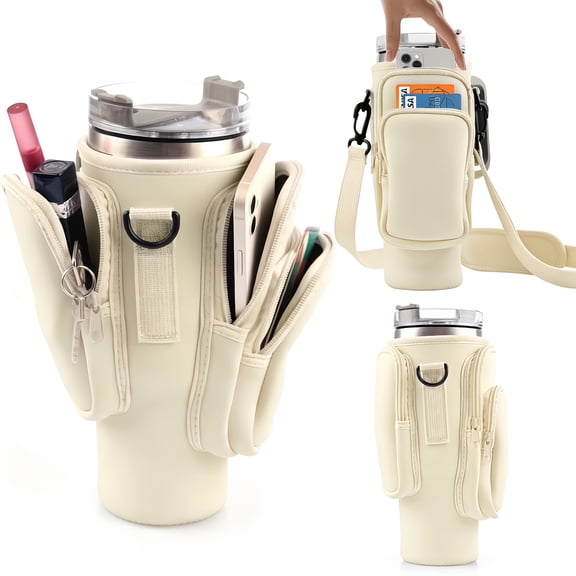 Cream 1pc Neoprene Water Bottle Carrier Bag with 3 Pockets & Phone Slot for 30/40oz Tumbler, Neoprene Bottle Holder Pouch, Cup Accessory, Perfect Father Gift