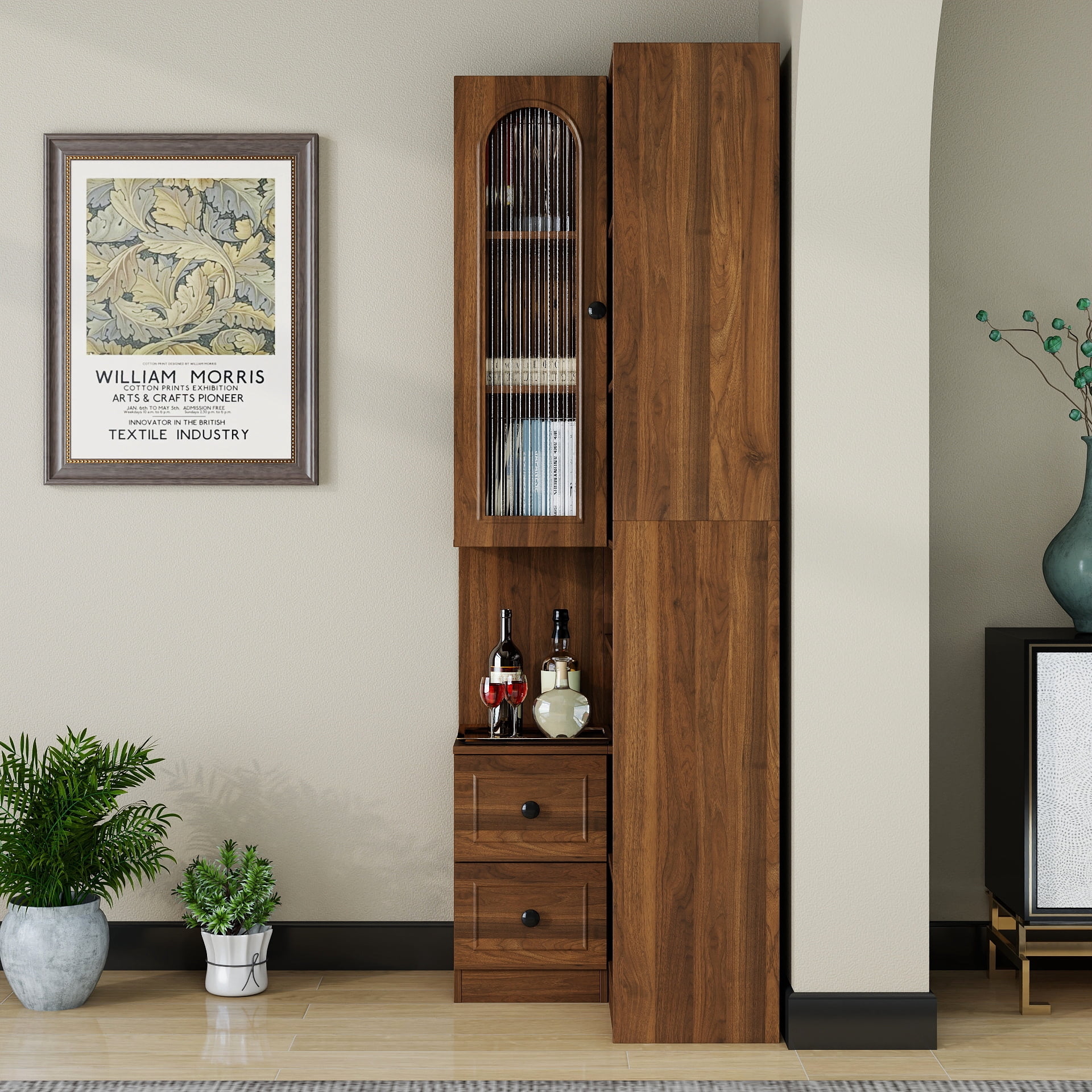 71" Tall Corner Bookshelf with Arched Glass Door, 6-Tier Bookcase with 2 Drawers